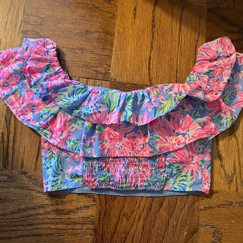 Lilly Pulitzer Mayslie Ruffle Crop in Blue Sunrise Bay size 8 - Picture 4 of 6